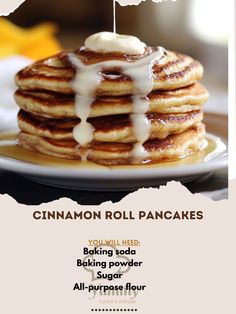 a stack of pancakes covered in icing on top of a white plate