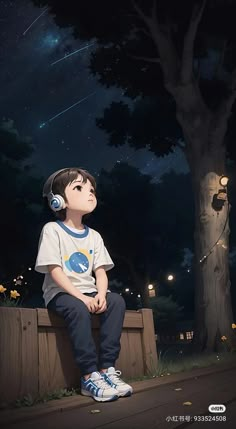 a boy wearing headphones sitting on a bench in front of a tree at night