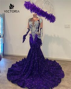 Silver Sequined Lace Applique Purple Mermaid Prom Dress For Black Girl With Gloves African Birthday Prom Dress Silver, Evening Dress Beaded, Silver Prom Dress, African Prom Dresses, Sparkly Prom Dresses, Gorgeous Prom Dresses, Senior Prom Dresses, Crystal Christmas, Purple Prom Dress