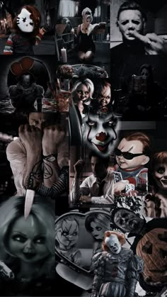 a collage of photos with clowns and creepy faces