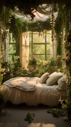 an image of a bedroom setting with flowers and greenery on the walls, bed in foreground