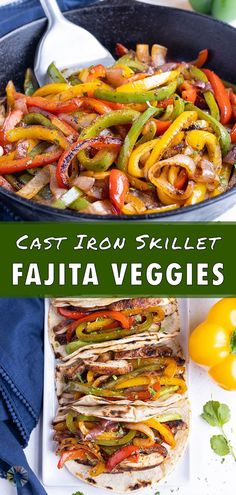 an iron skillet filled with fajita veggies and sliced bell peppers