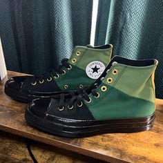 These Were Made Custom For A Sales Team Reaching Over 400 Sales In A Month. Never Worn And Shipped In Box From Converse. Green Custom Shoes, Painting Converse, Converse Shoes Custom, Unique Converse, Patchwork Shoes, Green Black Color, Cool Converse, Tomboy Fits, Fire Shoes