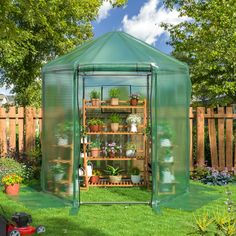 a green house in the middle of a yard with potted plants and flowers inside