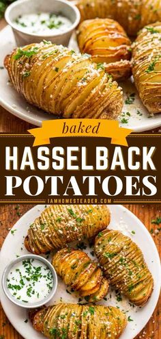 baked hasselback potatoes on a white plate