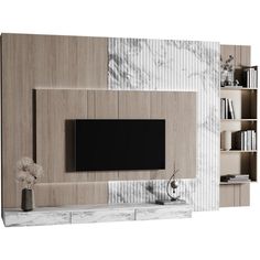 an entertainment center with marbled walls and shelves