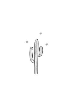 a black and white drawing of a cactus with stars on it's back ground