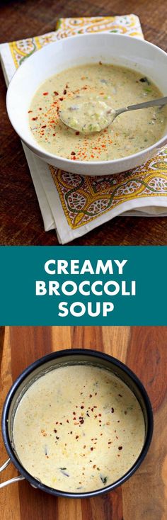 creamy broccoli soup in a white bowl on a wooden table