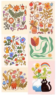 four different designs with flowers, plants and cats in the middle one has a rainbow on it