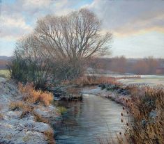 a painting of a snowy river with trees in the background