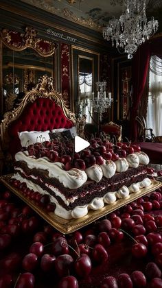 an elaborately decorated bed with red velvet upholstered bedspreads and cherries