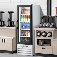 an image of a refrigerator with drinks in it and other appliances around the fridges