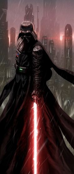 darth vader standing in the rain with his lightsaber glowing behind him