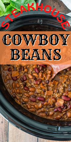 a slow cooker filled with cowboy beans