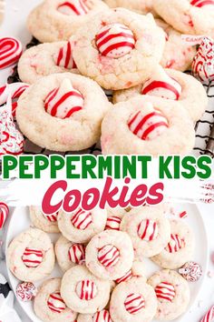 These candy cane kiss cookies are the holiday version of everyone’s favorite, peanut butter blossom cookies. Instead of a peanut butter cookie, they are peppermint sugar cookies and instead of a chocolate kiss, they are topped with a delicious Hershey’s Candy Cane Kiss. They are one of our favorite Christmas cookies of all time! Snickerdoodle Cookies With Hershey Kiss, Christmas Cookie Hershey Kiss, Hersheys Peppermint Kiss Cookies, Candy Cane Kisses Recipes, Red Velvet Peanut Butter Blossoms, Hershey Kids Christmas Cookies, Sugar Cookie Hershey Kiss Cookies, Candy Cane Kisses Cookies, Peppermint Kisses Cookies