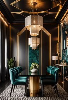 an elegant dining room with black walls, gold trimmings and blue velvet chairs