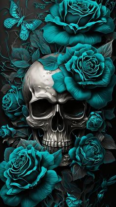 a skull with blue roses on it's head and butterflies flying above the skull