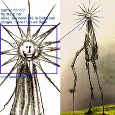 an image of a strange looking creature in two different pictures, one is drawn and the other is colored