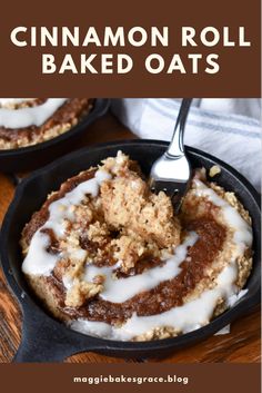 Vegan baked oats with a cinnamon swirl and icing swirl served in mini black cast iron pan on wood table Vegan Baked Oats, Oats Baked, Vegan Baked, Viral On Tiktok, Vegan Meal Prep