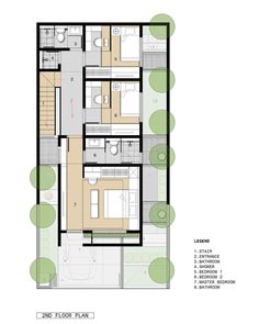 the floor plan for an apartment building with three floors and two levels, surrounded by trees