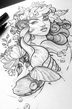 a drawing of a woman with flowers on her head