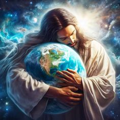 jesus holding the earth in his arms and looking down at it with stars around him