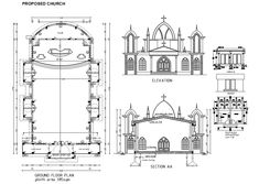 an architectural drawing shows the plans and elevations for a church, with three different sections