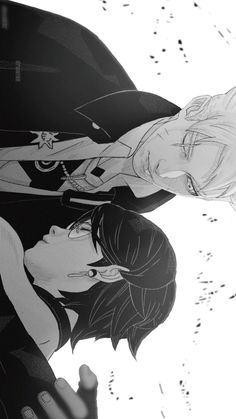 two anime characters are facing each other in black and white, one is holding the head of another character