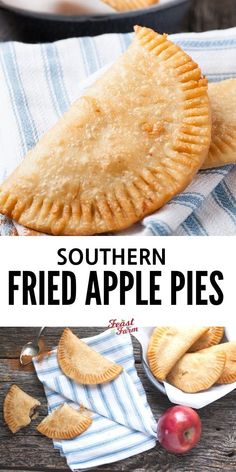 an apple pie is cut in half and placed on top of a blue towel with the words southern fried apple pies below it