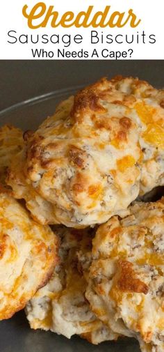 cheddar sausage biscuits are stacked on top of each other with the title overlay