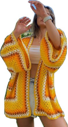 Casual Acrylic Yarn Cardigan, Spring Acrylic Yarn Knitted Cardigan, Yellow Knitted Long Sleeve Cardigan, Cozy Crochet Acrylic Cardigan, Long Sleeve Knit Acrylic Cardigan, Hand Knitted One Size Acrylic Cardigan, Hand Knitted One-size Acrylic Cardigan, One Size Yarn Cardigan For Fall, One-size Hand Knitted Acrylic Cardigan