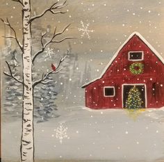 a painting of a red barn in the snow with a christmas tree and bird on it