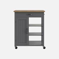 a gray cabinet with wheels and shelves on it's sides, against a white background