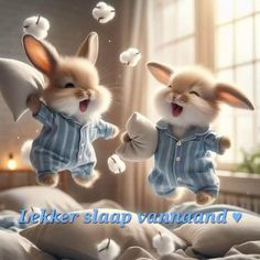 two rabbits jumping in the air on top of a bed with sheets and pillows,