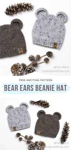 the bear ears beanie hat is knitted in grey and has pine cones on it