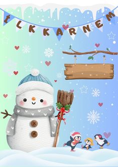 a snowman holding a broom in front of a wooden sign with penguins around it