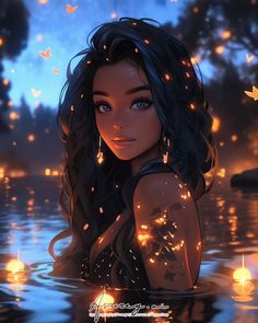 a girl in the water with butterflies flying around her and some lights floating on it