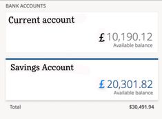 two screens showing the balances and savings for bank accounts