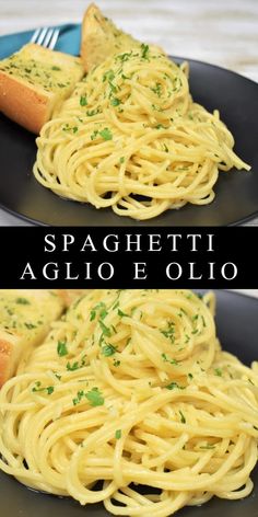 two black plates with spaghetti and bread on them