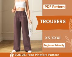 a woman wearing wide legged pants and crop top with text that reads, trousers x - xxl beginner friendly