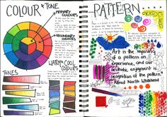 an open notebook with different colors and patterns on the pages, including one color wheel