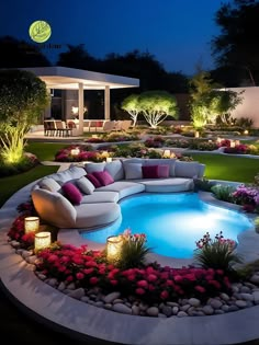 a circular couch sitting in the middle of a lush green yard next to a swimming pool