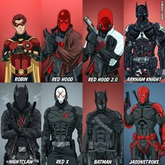 four different versions of batman and red hood characters