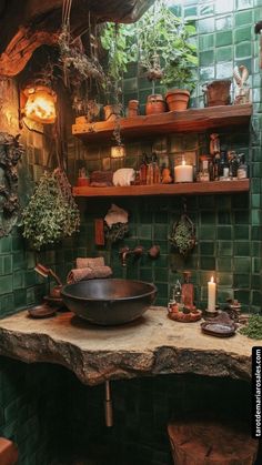 a bowl on a table in a room with green tiles and shelves filled with potted plants