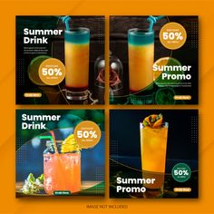 four different banners with drinks on them for summer drink specials, including orange juice and lemonade