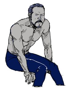 a drawing of a man squatting on the ground