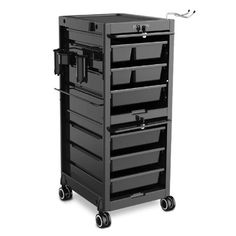 a black cart with many drawers on it