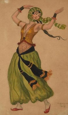 a painting of a woman dancing with her arms stretched out to the side, wearing a green skirt