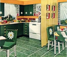 an old fashioned kitchen with green chairs and yellow walls, decorated with white daisies