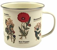 a coffee cup with flowers on it and the words red poppy written in black ink